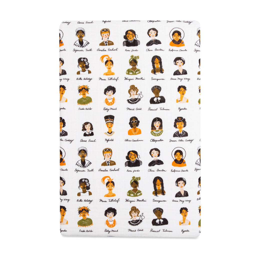 Front view of the Babyletto All-Stages Bassinet Sheet In GOTS Certified Organic Muslin Cotton in -- Color_Women In History