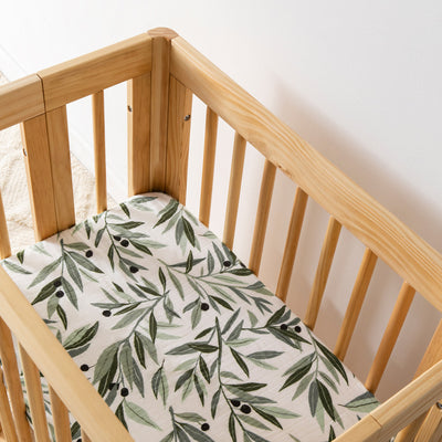 Babyletto All-Stages Bassinet Sheet In GOTS Certified Organic Muslin Cotton in a crib in -- Color_Olive Branches