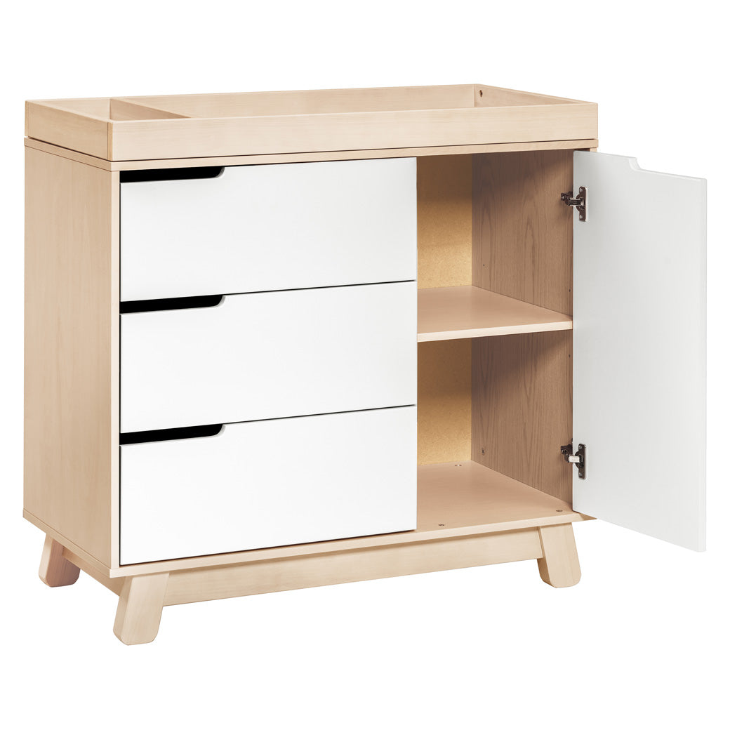 The Babyletto Hudson Changer Dresser with open cabinet in -- Color_Washed Natural/White