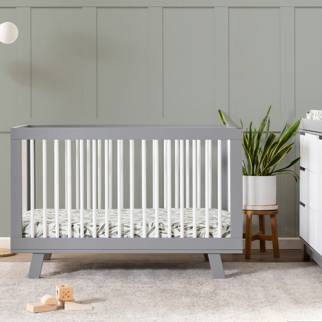 Babyletto Hudson 3-in-1 Convertible Crib And Toddler Rail  in nursery -- Color_White/Grey