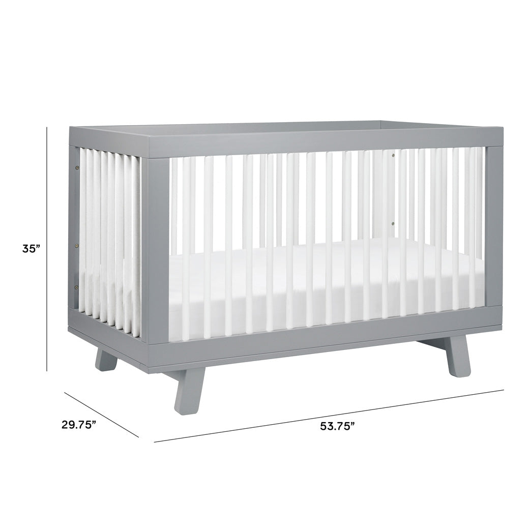 Measurements Babyletto Hudson 3-in-1 Convertible Crib And Toddler Rail   at 35" tall,  29.75" deep and 53.75" long -- Color_White/Grey