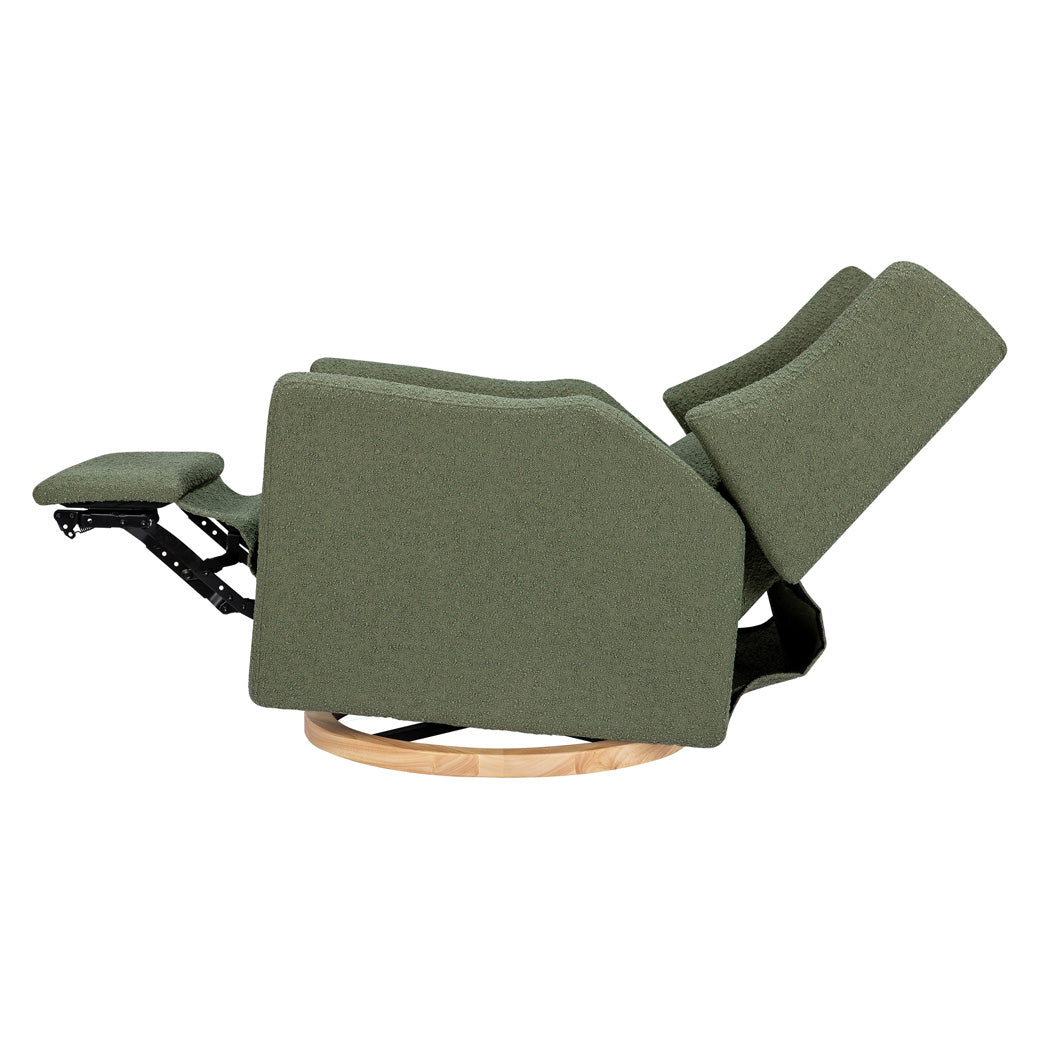 Fully reclined Babyletto Kiwi Glider Recliner in -- Color_Olive Boucle With Light Base