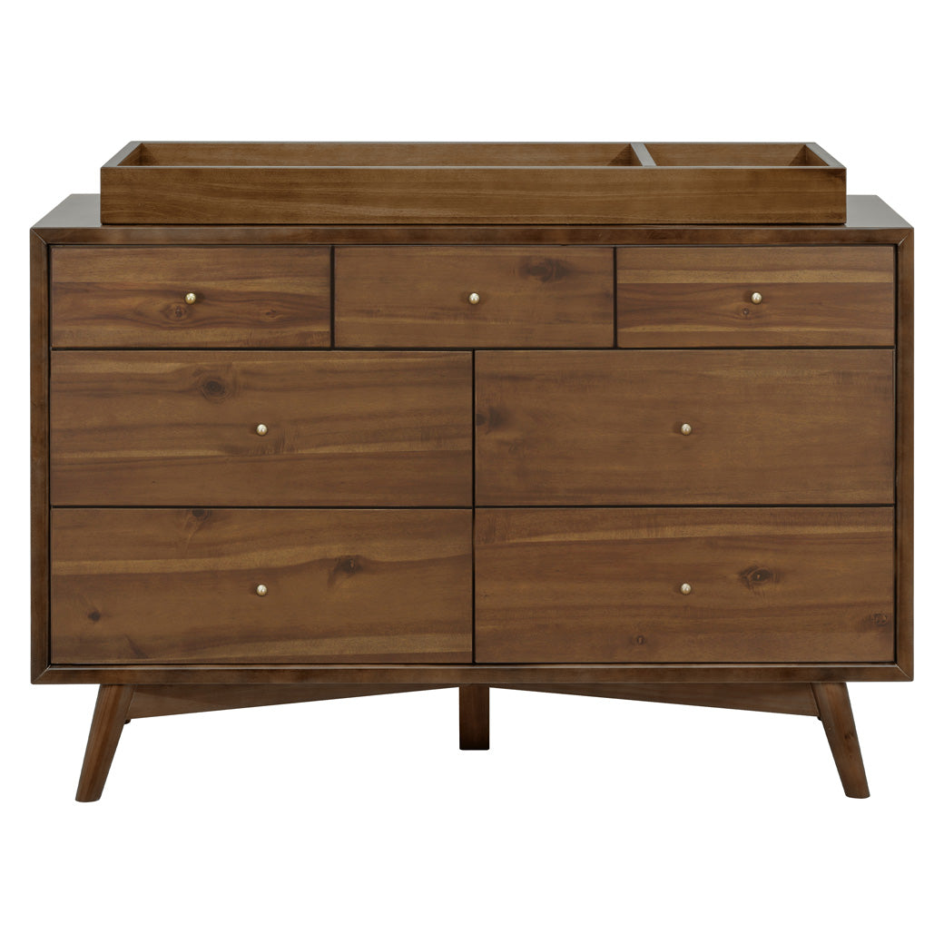 Front view of Babyletto's Palma 7-Drawer Assembled Double Dresser with changing tray in -- Color_Natural Walnut