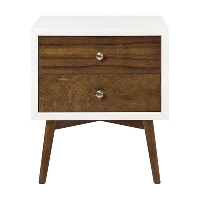 Front view of Babyletto's Palma Nightstand With USB Port in -- Color_Warm White with Natural Walnut