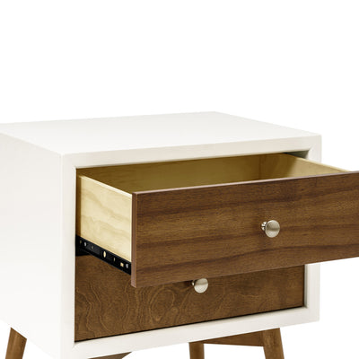 Babyletto's Palma Nightstand With USB Port with open drawer in -- Color_Warm White with Natural Walnut