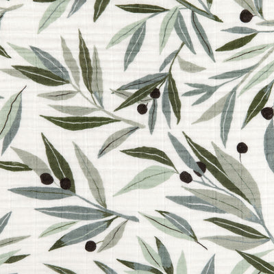 Closeup of the material of Babyletto's Quilt In 3-Layer GOTS Certified Organic Muslin Cotton in -- Color_Olive Branches