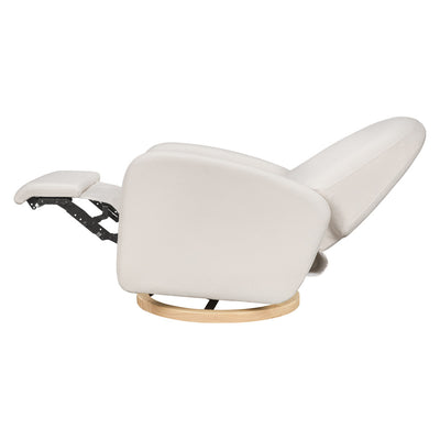 Side view of the reclined Babyletto Nami Glider Recliner in -- Color_Performance Cream Eco-Weave With Light Base