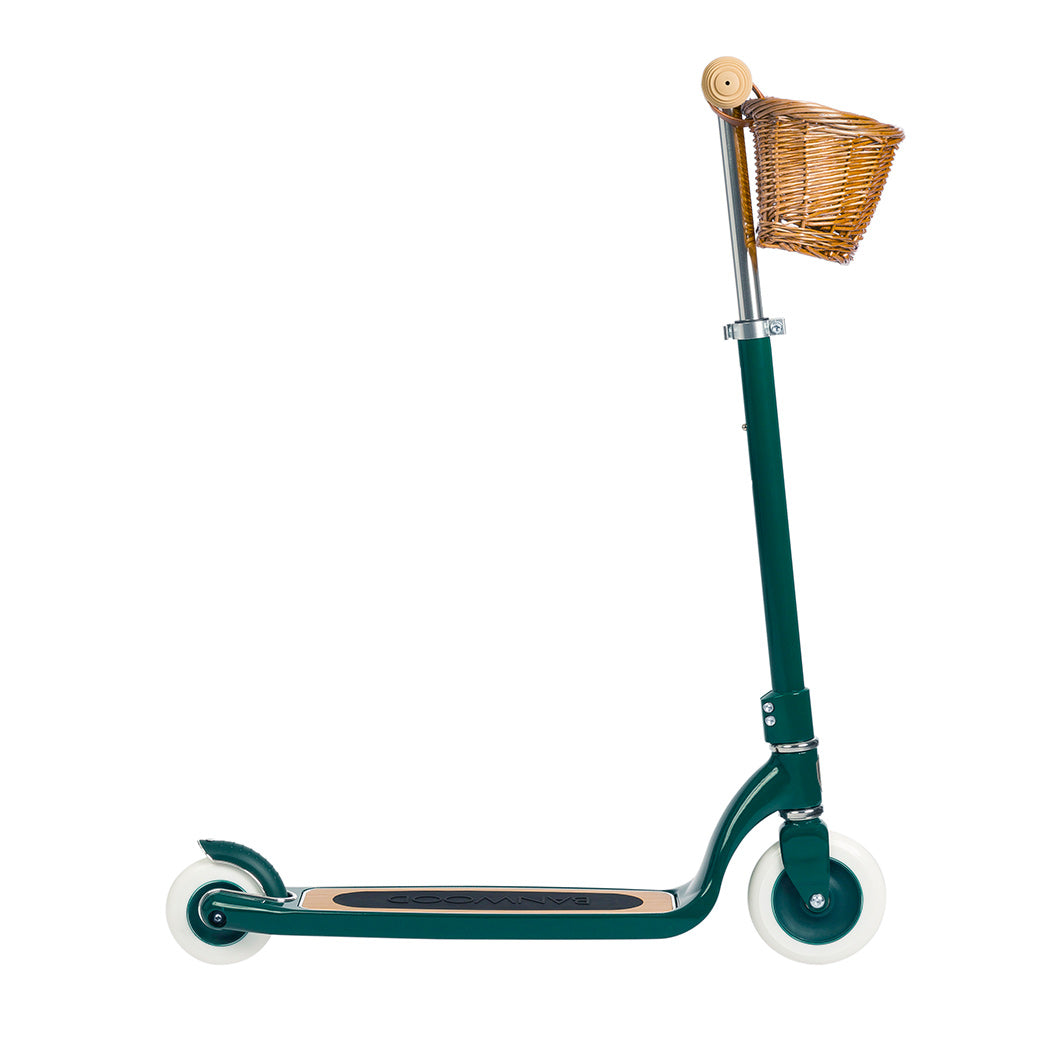 Side view of Banwood Maxi Scooter with beloved wicker basket in -- Color_Green