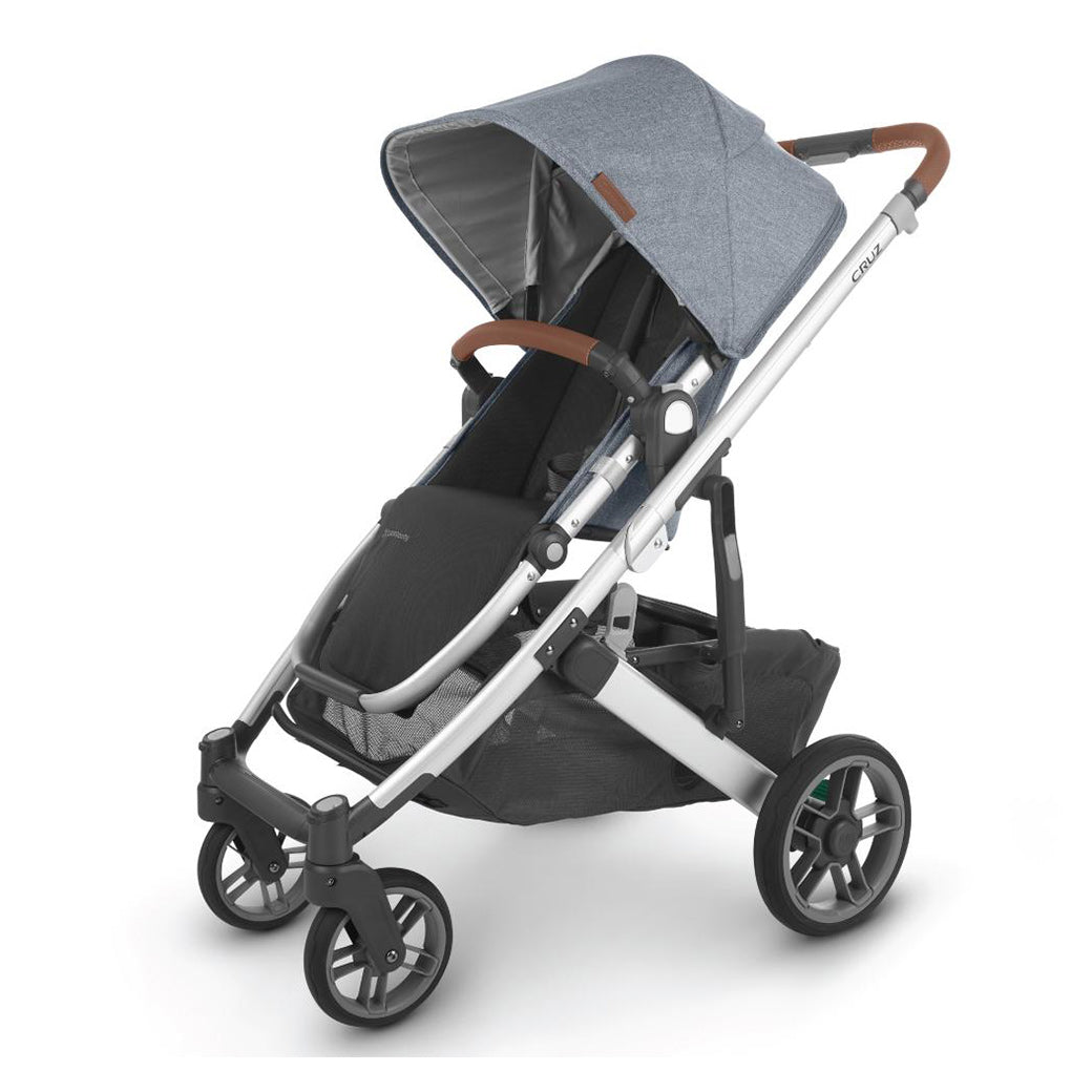 Slightly left-facing view of the UPPAbaby CRUZ V2 Stroller in bluish gray and black -- Color_Gregory