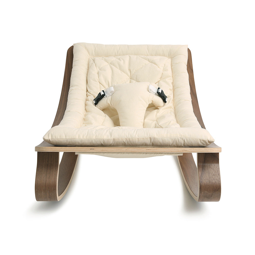 Front view of Charlie Crane LEVO Baby Rocker in -- Color_Organic Milk _ Walnut