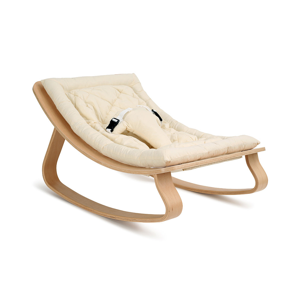 Charlie Crane LEVO Baby Rocker with adjusted harness in -- Color_Organic Milk _ Beech