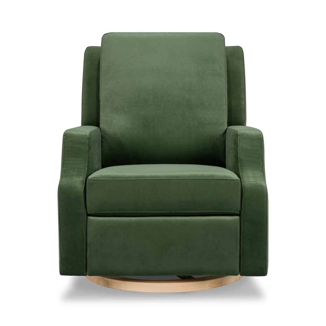 Front view of Crewe Recliner & Swivel Glider in -- Color_Forest Green Velvet With Light Wood Base