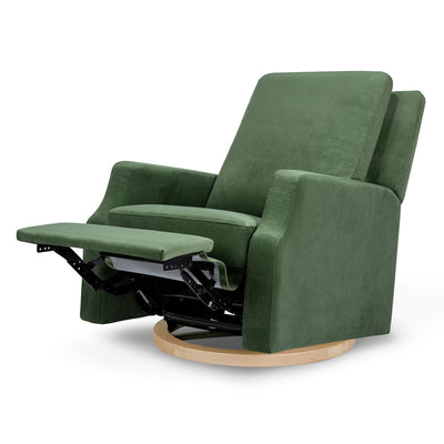 Crewe Recliner & Swivel Glider with footrest reclined  in -- Color_Forest Green Velvet With Light Wood Base