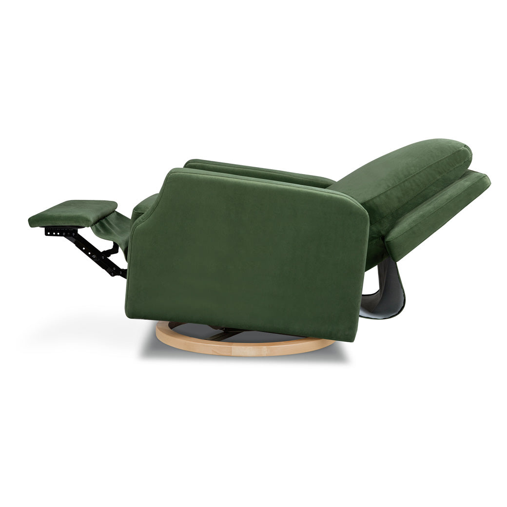 Fully reclined Crewe Recliner & Swivel Glider in -- Color_Forest Green Velvet With Light Wood Base
