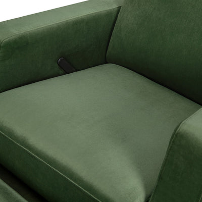 Closeup of the seat of Crewe Recliner & Swivel Glider in -- Color_Forest Green Velvet With Light Wood Base