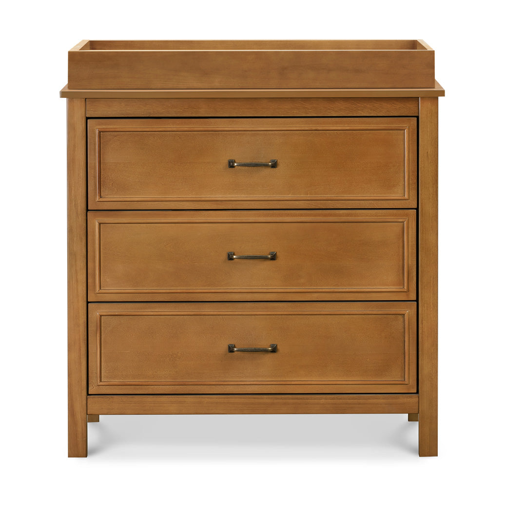 Front view of The DaVinci Charlie 3-Drawer Dresser with changing tray in -- Color_Chestnut