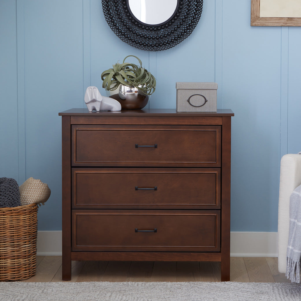 Front view lifestyle photo of The DaVinci Charlie 3-Drawer Dresser in -- Color_Espresso
