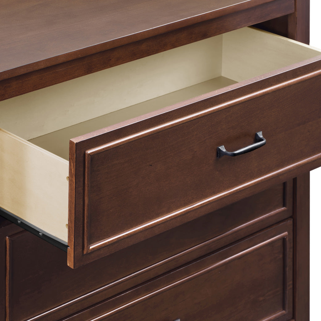Closeup of The DaVinci Charlie 3-Drawer Dresser open drawer in -- Color_Espresso