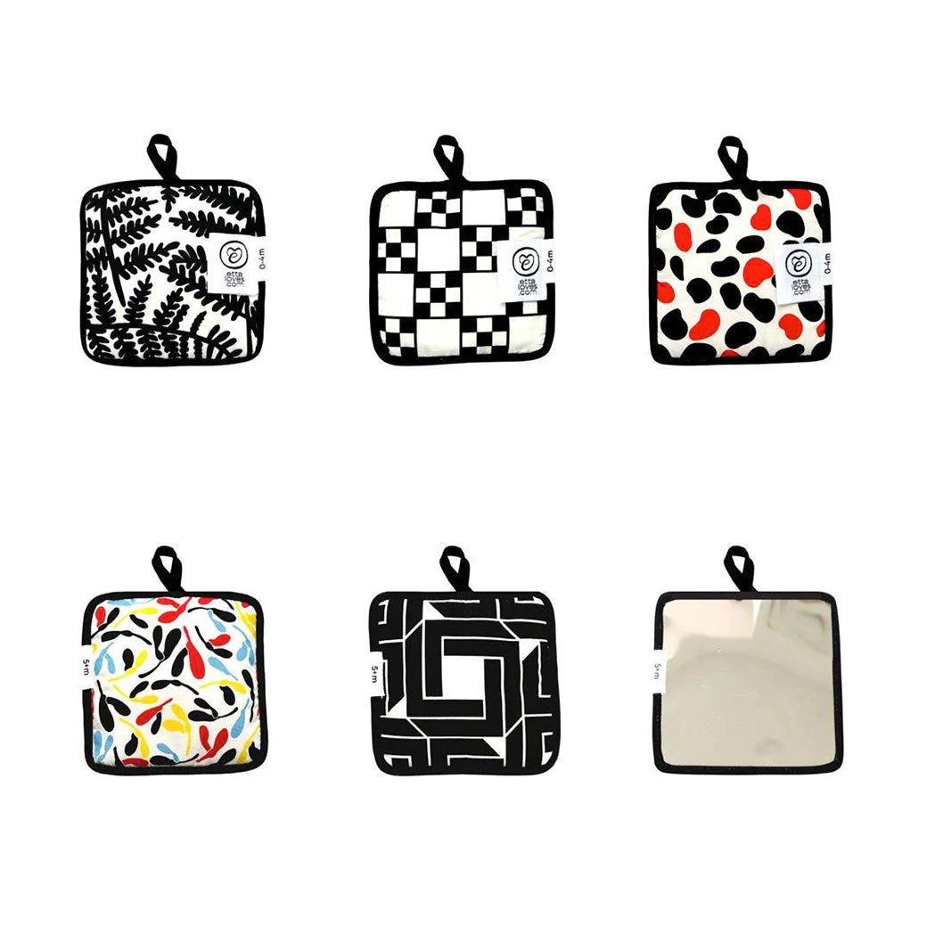 Etta Loves Sensory Hanging Squares in Fern, Chequers, Dalmatian, Sycamore, Illusion, and Mirror