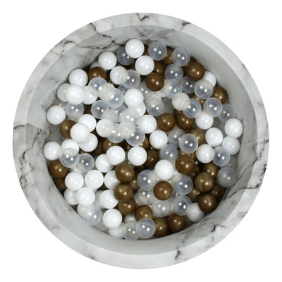 image of a larisa and pumpkin + modern nursery ball pit with clear gold and white balls -- Color_Marble Organic Cotton Cover + Gold/Clear/White Balls