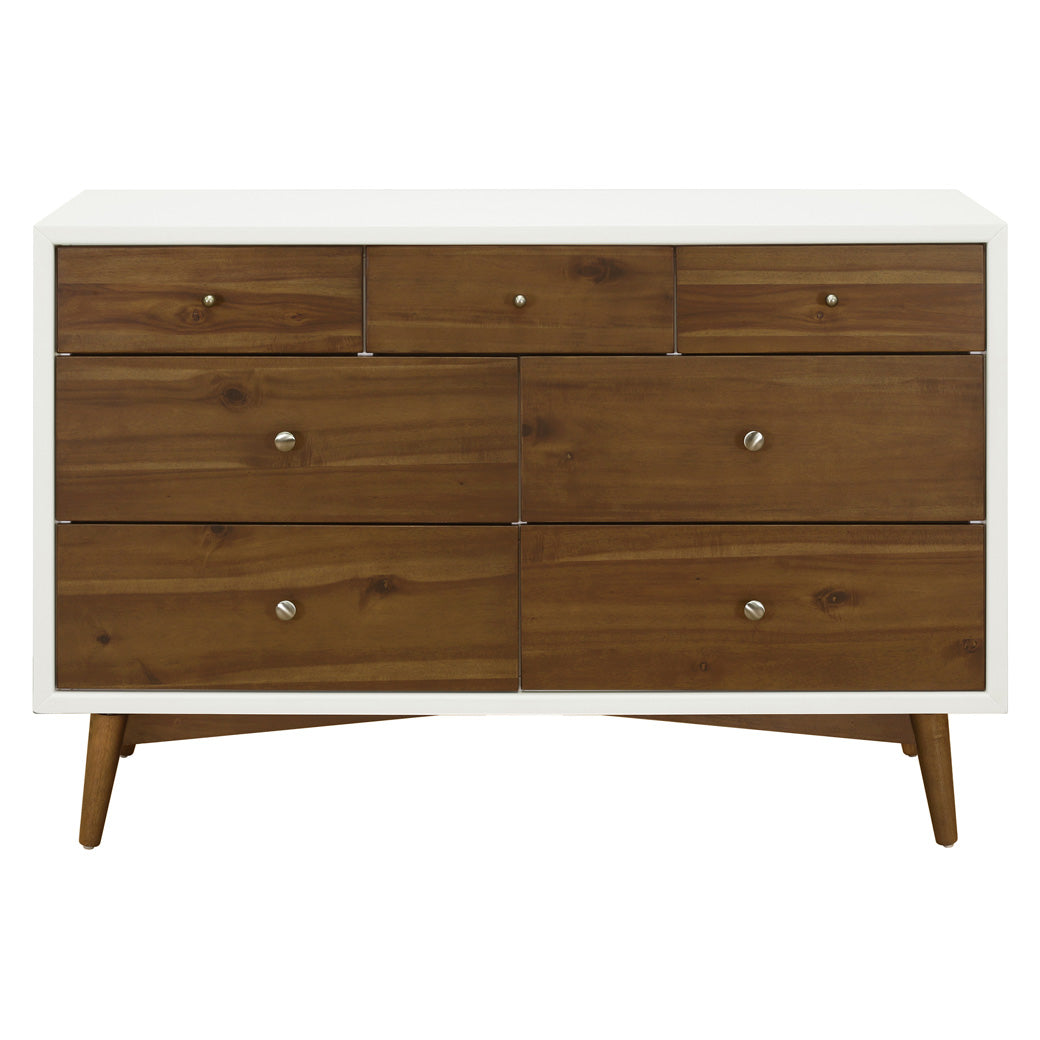 Front view of Babyletto's Palma 7-Drawer Assembled Double Dresser in -- Color_Warm White with Natural Walnut