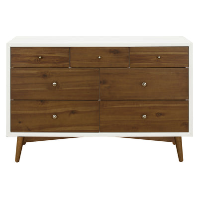 Front view of Babyletto's Palma 7-Drawer Assembled Double Dresser in -- Color_Warm White with Natural Walnut