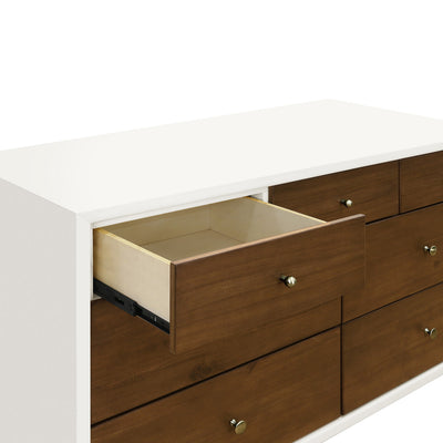 Babyletto's Palma 7-Drawer Assembled Double Dresser with open drawer in -- Color_Warm White with Natural Walnut