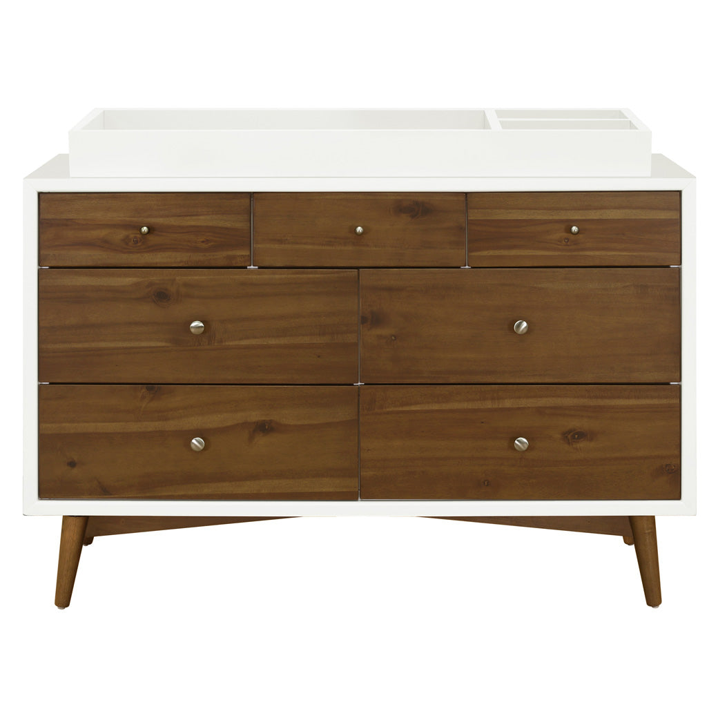 Front view of Babyletto's Palma 7-Drawer Assembled Double Dresser with changing tray in -- Color_Warm White with Natural Walnut
