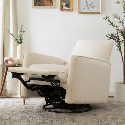 Fully reclined DaVinci's Penny Recliner And Swivel Glider in a room in -- Color_Performance Cream Eco-Weave