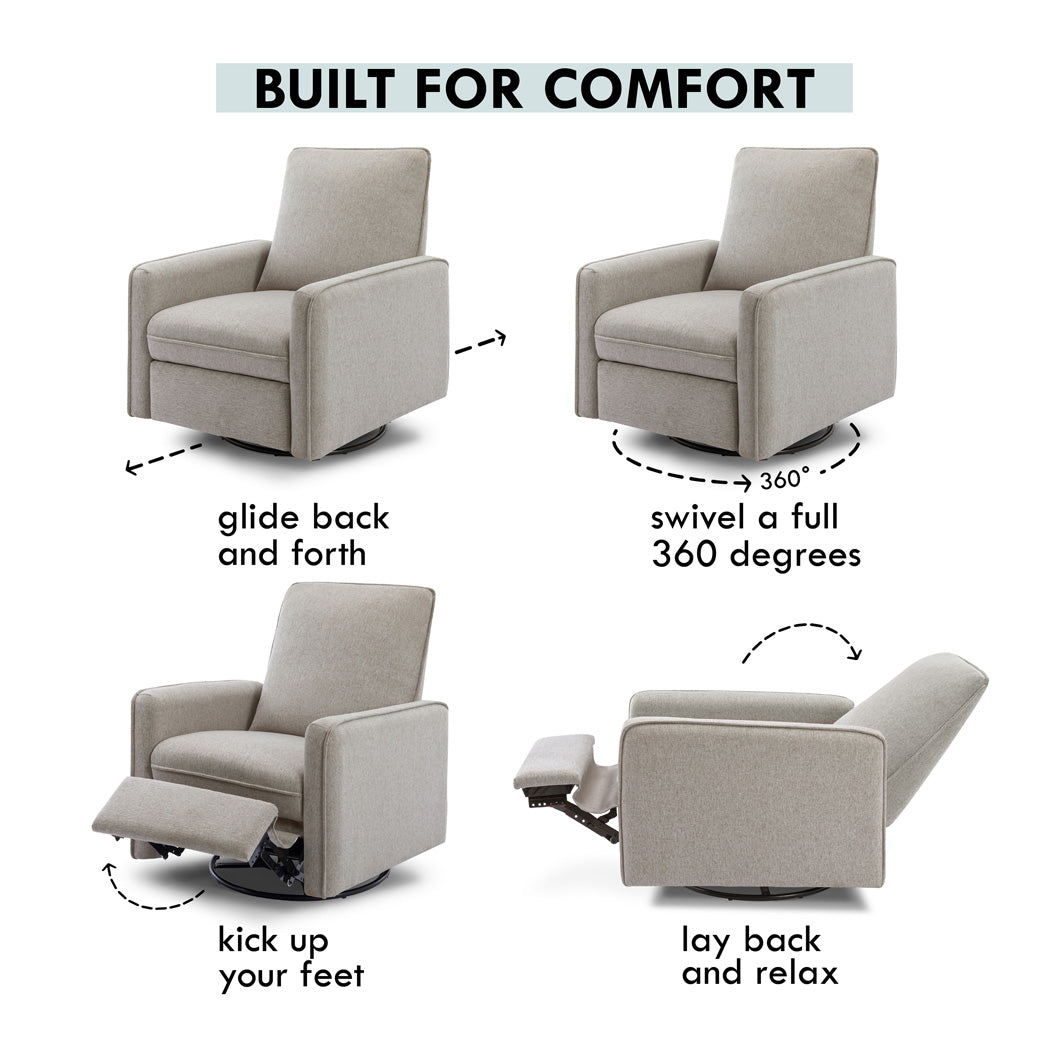 Reclining features of DaVinci's Penny Recliner And Swivel Glider in -- Color_Performance Grey Eco-Weave