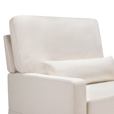 Closeup of  the backrest  and pillow of The Namesake's Crawford Glider in -- Color_Performance Cream Eco-Weave