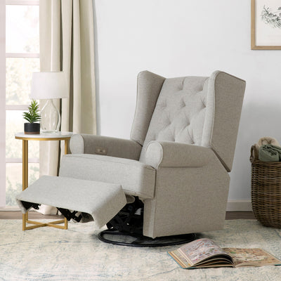 Namesake's Harbour Power Recliner next to a window with the footrest up in -- Color_Performance Grey Eco-Weave