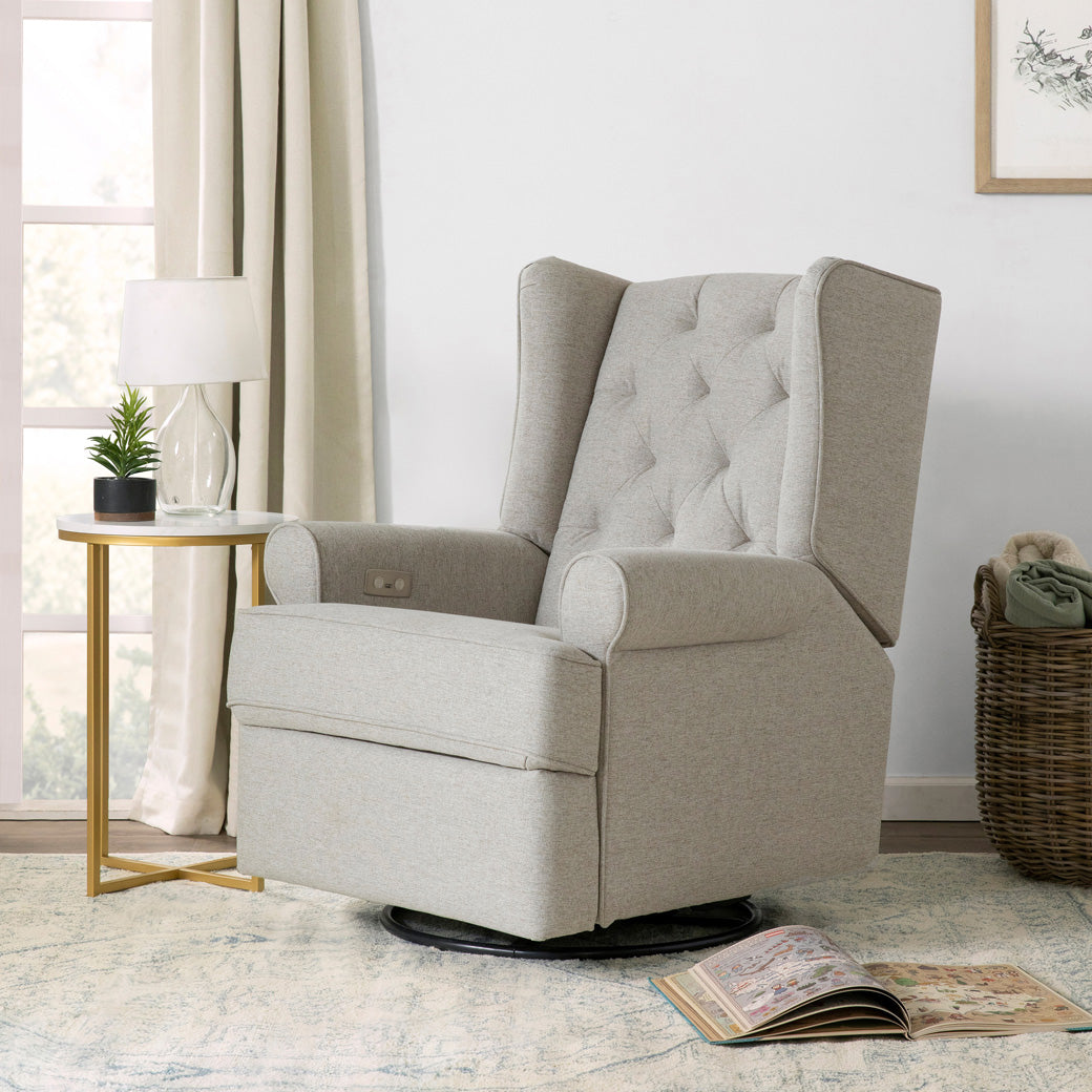 Namesake's Harbour Power Recliner next to a basket and window in -- Color_Performance Grey Eco-Weave
