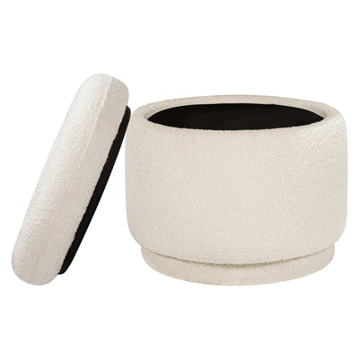 The Babyletto Enoki Storage Ottoman with the top off in --Color_Ivory Boucle