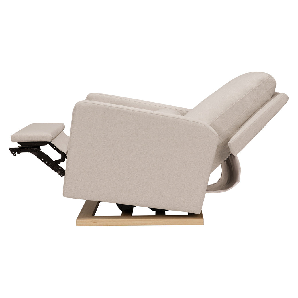 Side view of fully reclined Babyletto Sigi Electronic Glider Recliner in -- Color_Performance Beach Eco-Weave