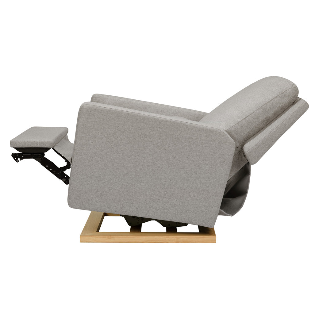 Side view of fully reclined Babyletto Sigi Electronic Glider Recliner in -- Color_Performance Grey Eco-Weave
