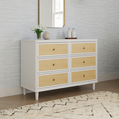 Namesake's Marin 6 Drawer Dresser under a mirror in -- Color_Warm White/Honey Cane
