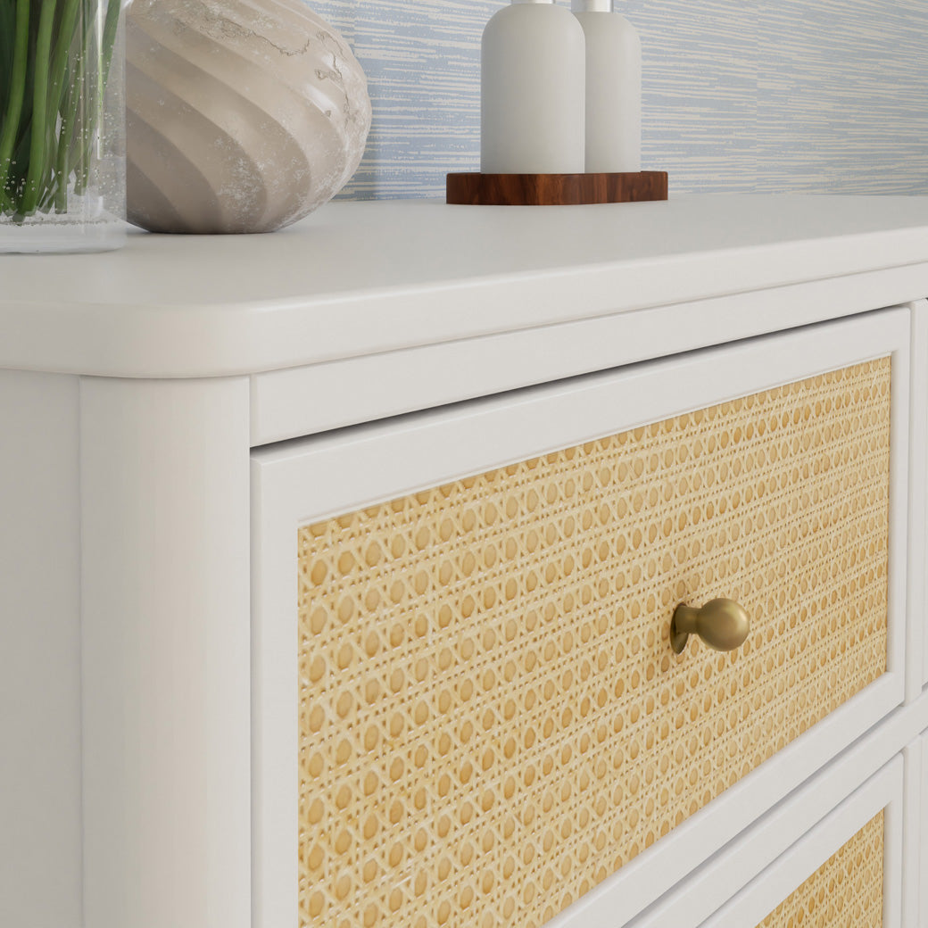 Closeup of a drawer of Namesake's Marin 6 Drawer Dresser in -- Color_Warm White/Honey Cane