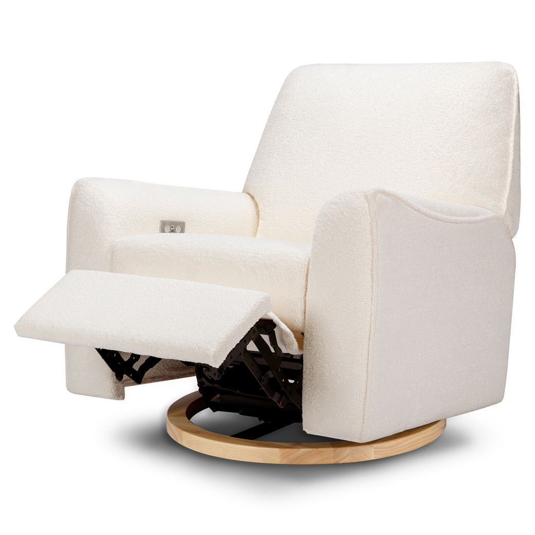 Reclined Nursery Works Sunday Power Recliner and Swivel Glider in --Color_Chantilly Sherpa with Light Wood Base