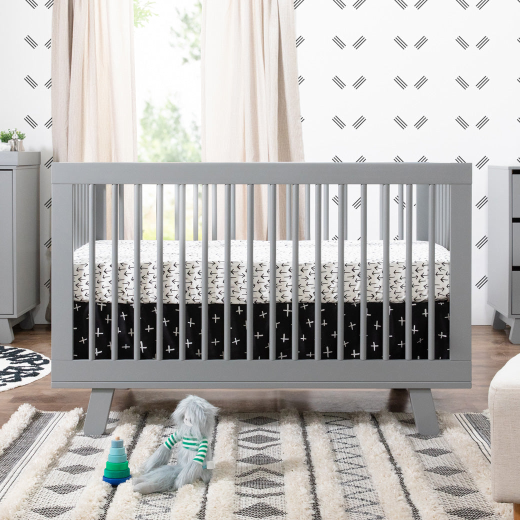 Fitted Sheets on the Mattresses of Babyletto Hudson 3-in-1 Crib in -- Color_Grey