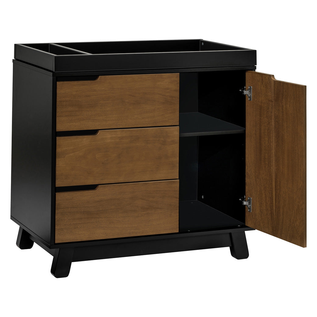 The Babyletto Hudson Changer Dresser with open cabinet in -- Color_Black/Natural Walnut