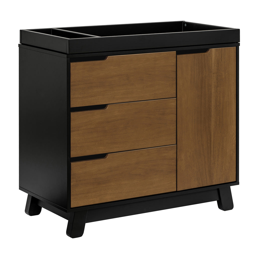 The Babyletto Hudson Changer Dresser with open cabinet in -- Color_Black/Natural Walnut