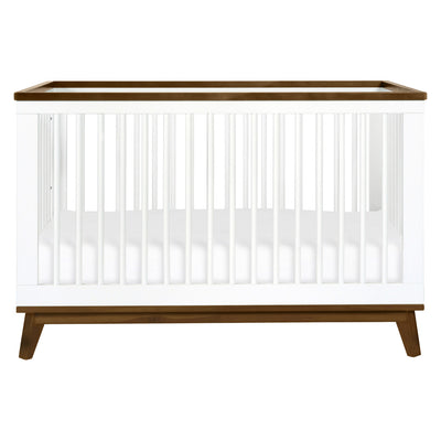Front view of Babyletto's Scoot 3-in-1 Convertible Crib in -- Color_White/Natural Walnut
