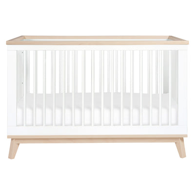 Front view of Babyletto's Scoot 3-in-1 Convertible Crib in -- Color_Washed Natural/White