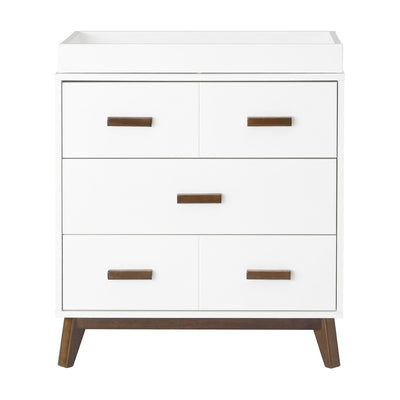 Front view of Babyletto's Scoot 3-Drawer Changer Dresser in -- Color_White/Natural Walnut