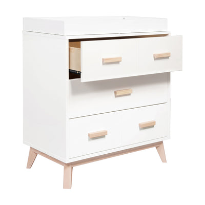 Babyletto's Scoot 3-Drawer Changer Dresser with open drawer  in -- Color_Washed Natural/White