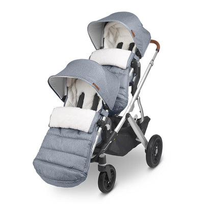 Side view of the UPPAbaby Vista V2 Twin Stroller with the ultra-plush CozyGanoosh footmuf  -- Color_Gregory