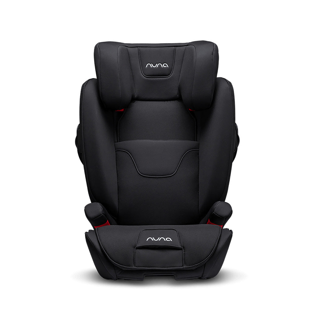 Front view of Nuna AACE Booster Seat with slightly extended headrest in -- Color_Caviar