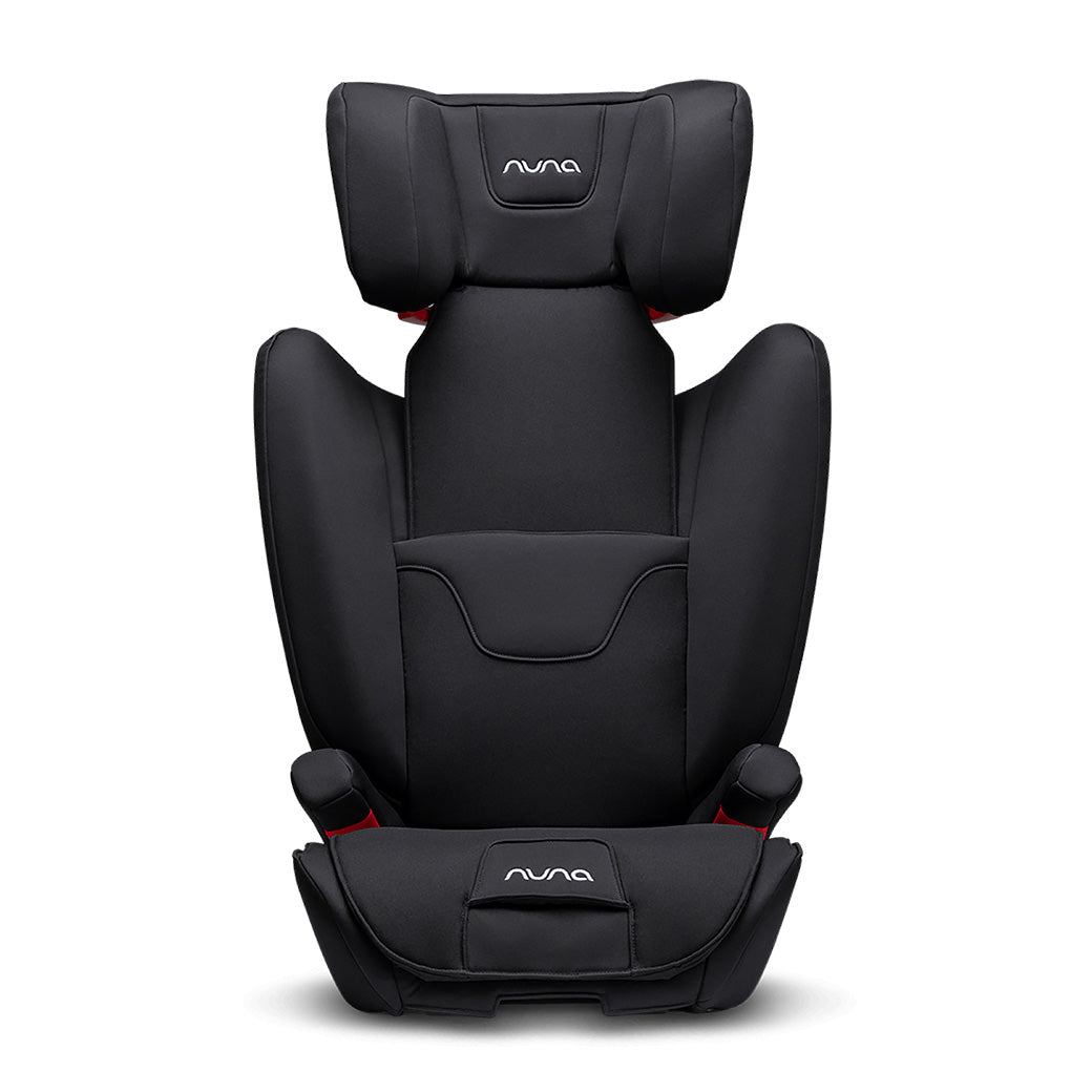 Front view of Nuna AACE Booster Seat with extended headrest in -- Color_Caviar