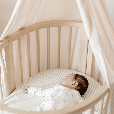 A baby sleeping in a crib equipped with the A crib equipped with the Stokke Sleepi V3 Canopy by Pehr in -- Color_Blush